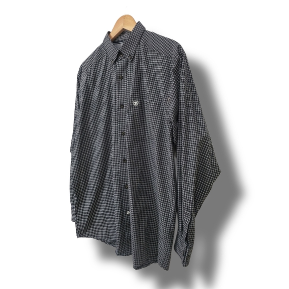 🌿Ariat Pro Stretch Series Mens Large Black & White Plaid Longsleeve Shirt - Picture 5 of 11